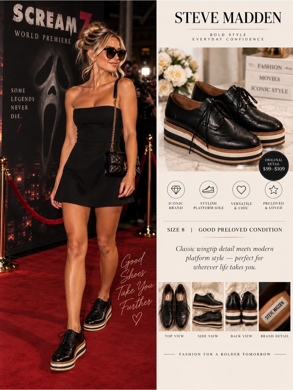 Steve Madden Black Leather Wingtip Platform Derbys with Striped Sole